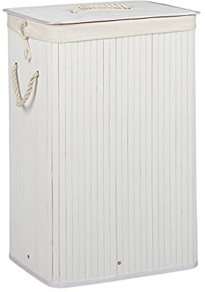 Relaxdays Cesto Portabiancheria con Coperchio, Bambù 83 L Cestino Rettangolare Pieghevole 65,5x43,5x33,5 cm, Bianco