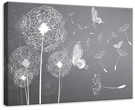 Forwall Leinwand Bilder - Grau Pusteblumen Schmetterlinge - 70x50 cm | Leinwandbilder, Bild auf leinwand, Wandbild XXL groß Wandbilder für Wohnzimmer Schlafzimmer Wohnzimmerbilder