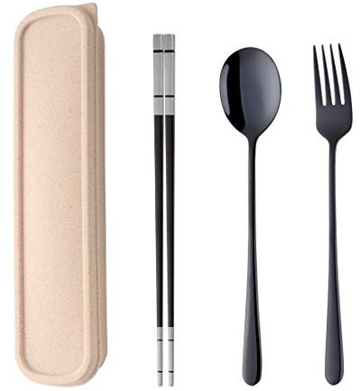 SBOMHS 18/10 Stainless Steel Travel Cutlery with Case Set Portable Chopsticks Spoon Fork set Black Colored for School Home Office Camping Outdoor