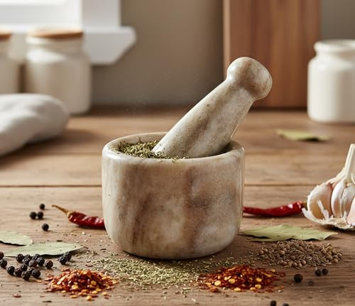 KLEO Marmorsten mortel och mortelstöt som krydda Okhli Musal Kharad Khallad, medicinkvarn – 6,3 cm diameter liten..