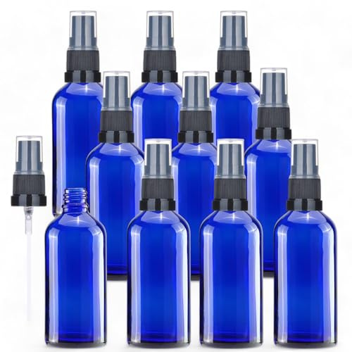 Avalon Flacons en verre bleu de 100 ml avec atomiseur noir - Taille rechargeable, réutilisable et de voyage - Parfait pour l'aromathérapie, les parfums, les huiles essentielles - 10 pcs