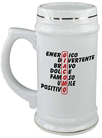 bubbleshirt Boccale da birra Compleanno - Giacomo e aggettivi simpatici - evento - in ceramica - capienza 50 cl - idea regalo