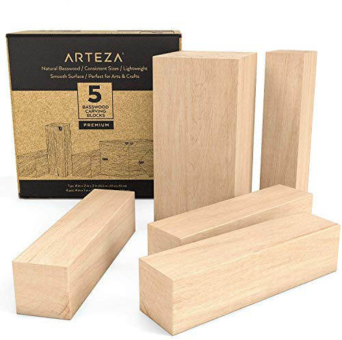 Arteza Basswood Carving Blocks for Carving, Christmas Crafting and Whittling - 5 Piece Set with one 10.2 x 5.1 x 5.1 cm and Four 10.2 x 2.54 x 2.54 cm Blocks