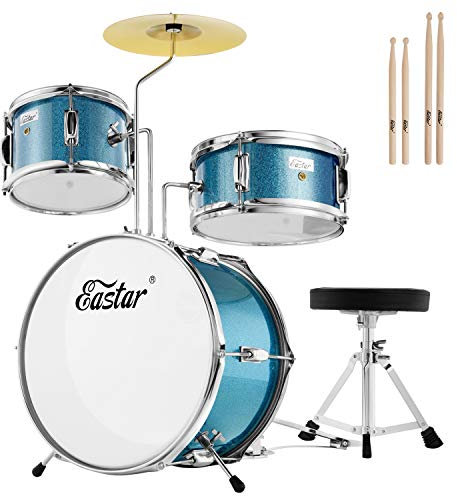 Eastar Schlagzeug 14 3 PC, für 3-10 Jahre Kinde, Schlagzeug Set mit Snare, Tom, Bass Drum, Bass Drum Pedal, Thron, Becken, Drumsticks, Himmelblau