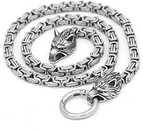GuoShuang Men Stainless Steel Wolf Head Norse Viking Amulet Thor Mjolnir Necklace King Chain with Valknut Gift Bag (ONLY CHAIN 24 INCH)