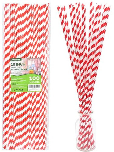 18 Inch Extra Long Paper Drinking Straws - For Large Drinks, Cotton Candy Sticks, DIY Crafts - Red, 100 Counts- 100% Biodegradable