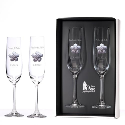 JOYERIA EL FARO | Copas 25 aniversario boda personalizadas con nombres | Cristal de Bohemia de alta resistencia | Estuche premium incluido | Celebra 25 años de amor juntos