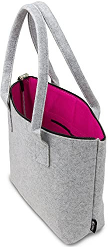 Tebewo kleine/mittlere Damen-Handtasche,City-Bag aus Filz, verschließbare Einkaufs-Tasche mit Reissverschluss Innentaschen und Henkel, Shopping-Bag (grau/magenta)