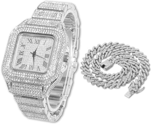 Halukakah Quadratisch Zifferblatt Diamant Golduhr Iced Out, Männer Platin Weißgold Plattiert Quarz Armband 24cm, mit Kubanische-Kette Halskette 45cm, mit Geschenkbox