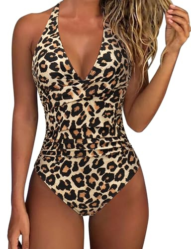 SUUKSESS Women Sexy Tummy Control One Piece Swimsuits Halter Push Up Monokini Bathing Suits (Leopard, M)