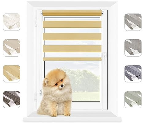 MARDOM Doppelrollo - Rollos für Fenster Ohne Bohren - Duo Rollo Tag und Nacht - Rollo Ohne Bohren - Doppelrollo Klemmfix, Fensterrollo Innen (Gelb, 125x140 cm (Stoffbreite: 121)