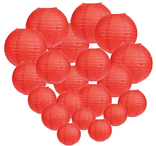 LIHAO 20PCS Red Paper Lanterns for Chinese New Year Decorations 2026, 4 Assorted Sizes Round Hanging Lanterns for Lunar New Year, Wedding, Birthday and Spring Festival Party, Includes Metal Frames