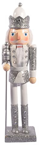 Schiaccianoci Natale Soldatino Re con scettro (24cm) in legno glitterato, argento/bianco