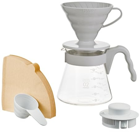 Hario V60 Pour Over startset med droppare, glasserver, skopa och filter, storlek 02, ljusgrå