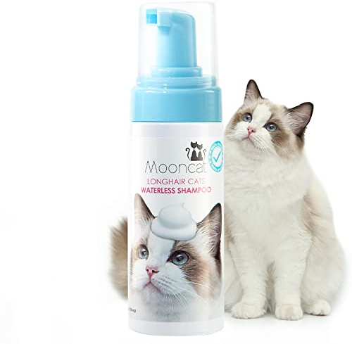 Mooncat Waterless Cat Shampoo for Longhair Cats | Licking Safe No-Rinse Dry Foam to Soften Mats & Smooth Fur | Gentle Formula for Kittens & Sensitive Skin, pH Balanced - 5oz