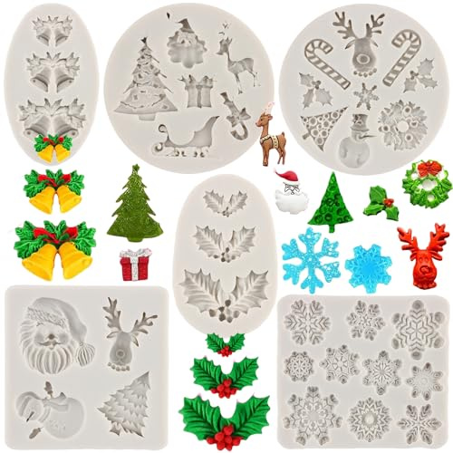 Sijiangmold Christmas Fondant Molds Snowflake Christmas Tree Bell Holly Leaf Reindeer Santa Chocolate Candy Silicone Molds For Xmas Birthday New Year Party Supplies Cake Decoration Gum Paste Set Of 6