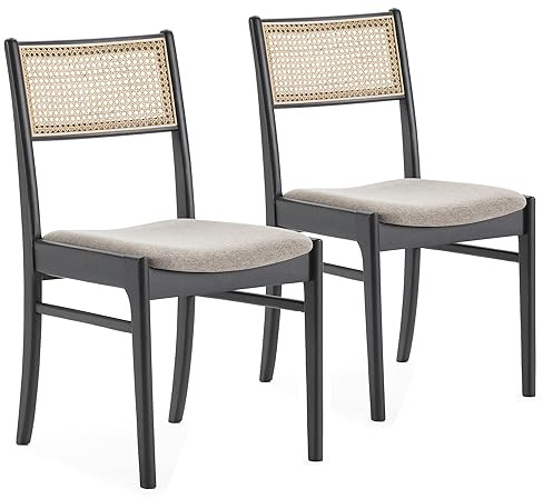 HOMN LIVING Pack 2 Sedie Vilma in Lavaggio Nero, Legno massello e Rattan Naturale, 45,5 cm (Larghezza) 54,5 cm (profondità) 82 cm (Altezza)