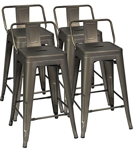 HOMASIS 4er Set Barhocker, Barstuhl mit Abnehmbarer Rückenlehne und 4 Fußstützen, Esszimmerstuhl aus Metall, stapelbarer Esshocker für Kücher, Esszimmer, Wohnzimmer, 43 x 43 x 79 cm (Bronze)