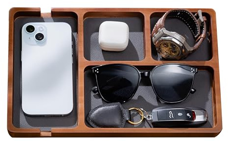 Shinpuru Holztablett mit Ledereinlage – Nachttisch und Schreibtisch-Organizer – EDC Essentials Auffangschale für Schlüssel, Telefon, Geldbörse, Uhr, Ohrhörer – stilvolle Aufbewahrung (Holz), SPR-050