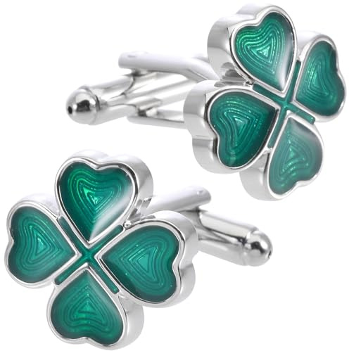 Jonwo Green Four Leaf Clover Cufflinks Men Lady French Shirt In Gift Box | Silver, Good Luck Men Cuff Links, Jewelry for Wedding Party Daily Office Formal or Casual Wear Business Events Tuxedo Dress