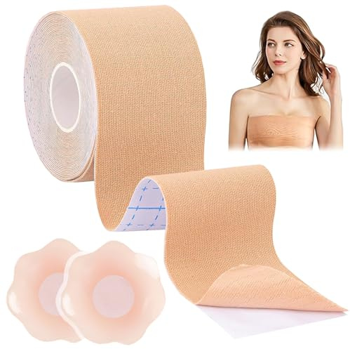 PIWOSGOL Klebe BH Boob Tape, Atmungsaktives Brust Tape Push Up mit 2 Wiederverwendbare Unsichtbar Silikon Brüste Nippelpads, Klebe BH Push Up Große für Abendkleider, Ballkleid, Hochzeitskleid