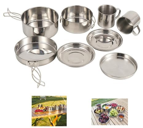 Set di 8 Gavetta Campeggio, Pentole Campeggio 3-4 Persone in Acciaio Inox, Gavetta Scout con Manico Pieghevole Posate Pentola, per Escursionismo, Picnic, Argento