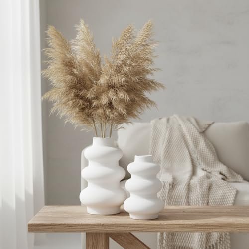 Ajuny Jarrones de Cerámica Diseño Calabaza, Juego de 2, Blanco – Jarrones Botella Decorativos para Hierba de la Pampa, Flores Secas y Flores, Centro de Mesa para Salón, Boda, Fiesta y Oficina