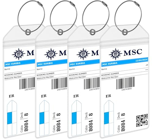 Anchors Up Portaetiquetas de equipaje de crucero para MSC [4 unidades] – Plástico resistente al agua y duradero con bucles de acero – Se adapta a todos los barcos MSC para cruceros en 2024, 2025 y 202