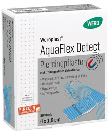 WERO Weroplast AquaFlex Detect Piercingpflaster, 50 Stück Packung | elektromagnetisch detektierbar & wasserfest, Aluminiumstreifen unter der Wundauflage