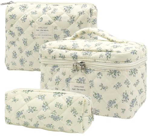 3 Piezas Beauty Case da Viaggio Donna, Beauty Case Da Viaggio Morbido Grande Makeup Bag, Borsa Porta Trucchi da Toilette Makeup Bag Organizer, Borsa da Toilette da Viaggio Lavabile (Fiori Blu)