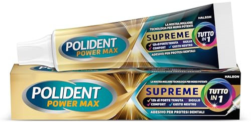Polident Power Max Supreme Tutto in 1, Adesivo per Protesi Dentale, 12 Ore di Tenuta Giornaliera, Limita le Infiltrazioni di Cibo, Gusto Neutro, 70 g