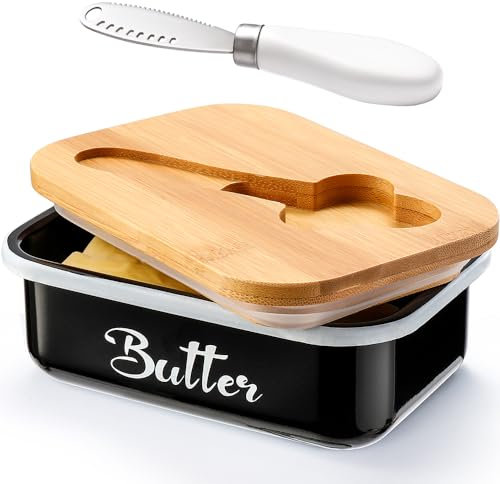 Werwing Beurrier en acier inoxydable avec couvercle et couteau multifonction – Beurrier de comptoir antirouille, récipient hermétique pour tartinades, fromage (noir)