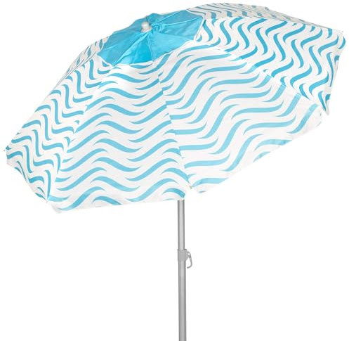 AKTIVE Ombrellone da spiaggia antivento 220 cm, 8 aste in fibra di vetro, design onde da spiaggia, ventilazione superiore, protezione UV50, manico inclinabile in acciaio, 28/32 mm, custodia inclusa