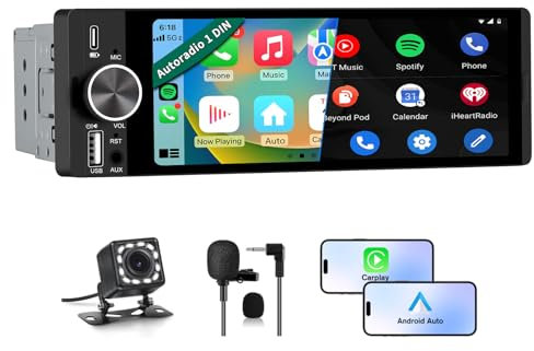 Hexinex Autoradio Bluetooth 1 DIN con Schermo CarPlay & Android Auto Wireless FM Tipo-C Comandi al Volante