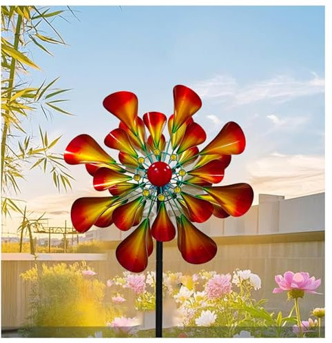 Hazomeu Windrad Metall Garten 57cm Rotor-Durchmesser Gartenwindmühlen Windrad Windblätter 3D Optik Windrad für Den Garten Aus Metall für Den AußEnbereich,Terrasse