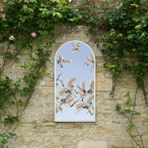 MirrorOutlet The Typis - White Metal Frame Edged Modern Round Arch Edge Garden Wall Mirror With Colour Stork Printed Decal 47 x 24 (120CM X 60CM) Silver Mirror Glass with White Frame