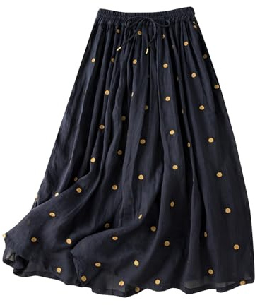 Jupes mi-longues décontractées en lin pour femme - Taille élastique - Longueur cheville, bleu marine, M
