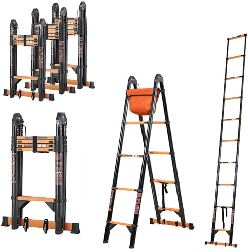 Teleskopleiter Klappleiter 4.2m Multifunktionsleite 2.1m+2.1m Kohlenstoffstahl Leiter Stehleiter mit 2 Rädern & Werkzeugtasche Bis 150 kg Belastbarkeit mit EN131 Zertifiziert