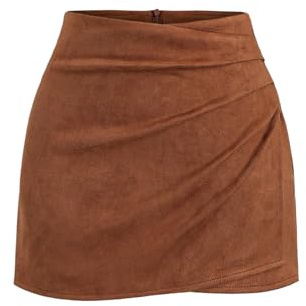 GORGLITTER Women's Cowgirl Suede Wrap Mini Skirt Mid Rise Ruched Bodycon Pencil Vintage Y2k Skirts Brown Medium