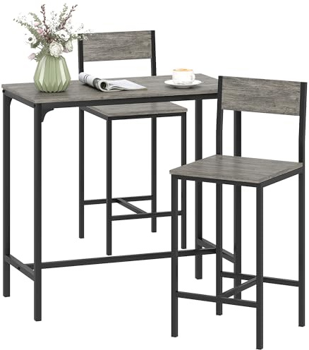 HOMCOM 3-Piece Bar Table and Stools Set Footrest, Backrest, Charcoal Grey