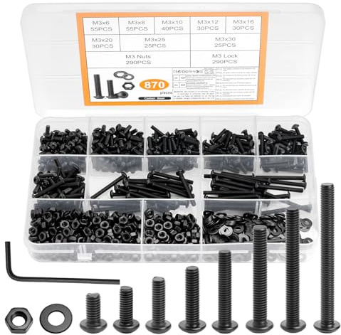 870 Stück M3 Schrauben Set, Linsenkopfschrauben Muttern Set, Maschinenschrauben und Muttern Sets, Schwarz Innensechskantschrauben, Gewindeschrauben Fahrrad Schrauben Sets mit Unterlegscheiben