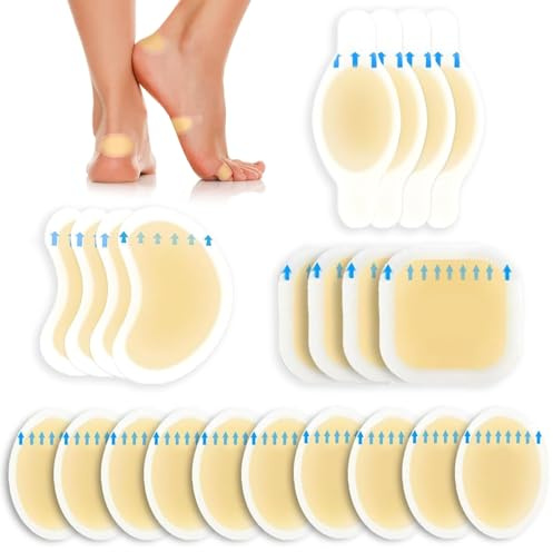 22 Pieces Blister Plasters for Feet - YueXing Invisible Hydrocolloid Gel Blister Bandages - Blister Cushions for Heel, Toe & Foot, Water Resistant Bandages(Variety Pack)