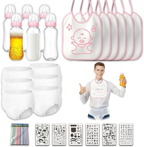 6 Sets Baby Bottle Games Shower DIY Adult Bibs for Diaper Game Plastic Bottles for Baby Shower Games,Gender Reveal Chugging Game Supplies with Disposable Bibs for Party Fun (Light Pink)