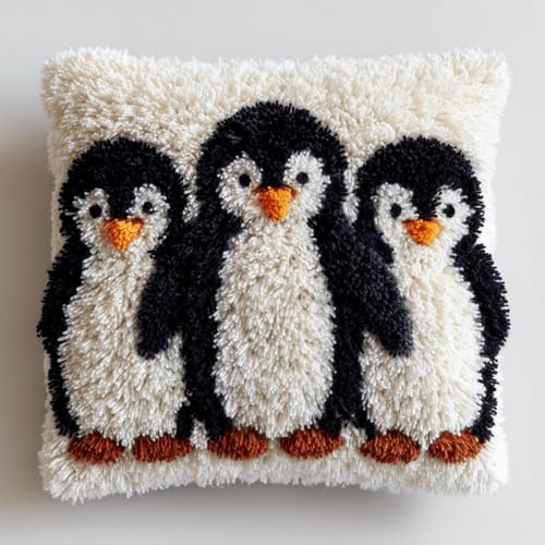 kitphoenix Kit Complet Crochet pour Coussin - Point de Verrouillage,Adorable petit pingouin,DIY Débutants Adultes,43x43 cm,Cadeau Fait Main