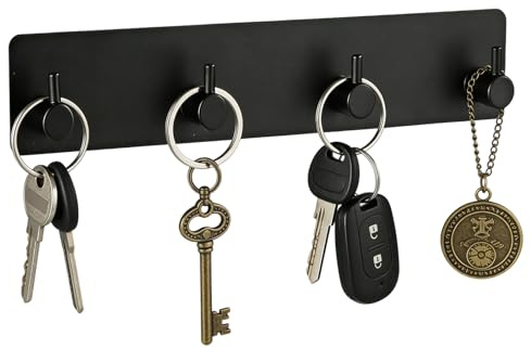 Aurelx Schlüsselhalter Wand Schwarz, Metall Schlüsselbrett mit 4 Haken & 3M Klebstoff, Schlüsselhaken Selbstklebend, Klein Schlüsselaufhänger Organizer für Küche Schlafzimmer Wohnzimmer Badezimmer