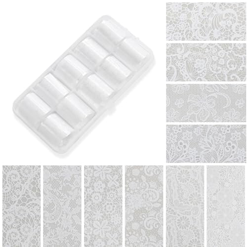 Ceriselle Lace Nail Foil, 10 Bände Transferfolie für Nägel & Holographische Nagelfolie, Weiß Lace Nail Art Foil für DIY Nageldesign und Maniküre Dekoration