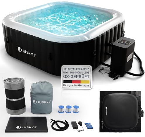 JUSKYS® Whirlpool SpaLuxe – Aufblasbar, Outdoor & Winterfest, 130 Sprudeldüsen, 3000W, PVC, LED-Beleuchtung, Schwarz/Weiß