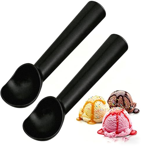 2 cucchiai per gelato in acciaio inox di alta qualità, con manico ergonomico, colore nero, design unico, superficie antiaderente per palline perfette per gelato