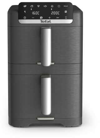 Tefal Easy Fry Crispy Stack Friteuse à air chaud double chambre 6 programmes + mode manuel, jusqu'à 40% de gain de place, EvenFry, avant amovible, panier de cuisson passe au lave-vaisselle, gris