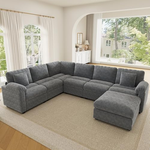 Bladez XXL Cord-Ecksofa 7-Sitzer mit Bücherregal-Seitenarmen, Getränkehalter & beweglichem Fußhocker, inkl. Zierkissen – großzügiges Kombinationssofa für Wohnzimmer & Schlafzimmer, Grau